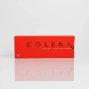 Red packaging box labeled "COLENA FILLER MEDIUM MOLECULE" with a reflective surface.