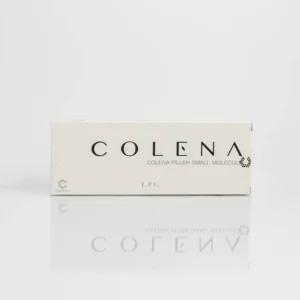 White box labeled "COLENA FILLER SMALL MOLECULE" with a logo, placed on a reflective surface.
