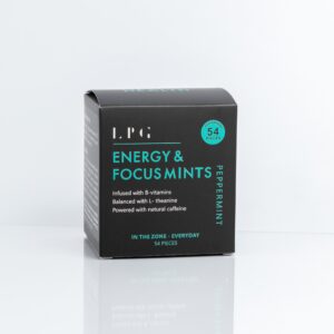 A black box of 'LPG Energy & Focus Mints' in Peppermint flavor. The box states the mints are 'Infused with B-vitamins,' 'Balanced with L-theanine,' and 'Powered with natural caffeine.' It contains 54 pieces.