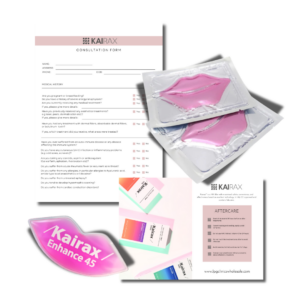 A collage featuring Kairax cosmetic treatment materials, including a medical consultation form, two pink lip-shaped hydrogel masks in silver packaging, and an aftercare instruction sheet. A pink lip-shaped logo in the foreground reads 'Kairax Enhance 45'.