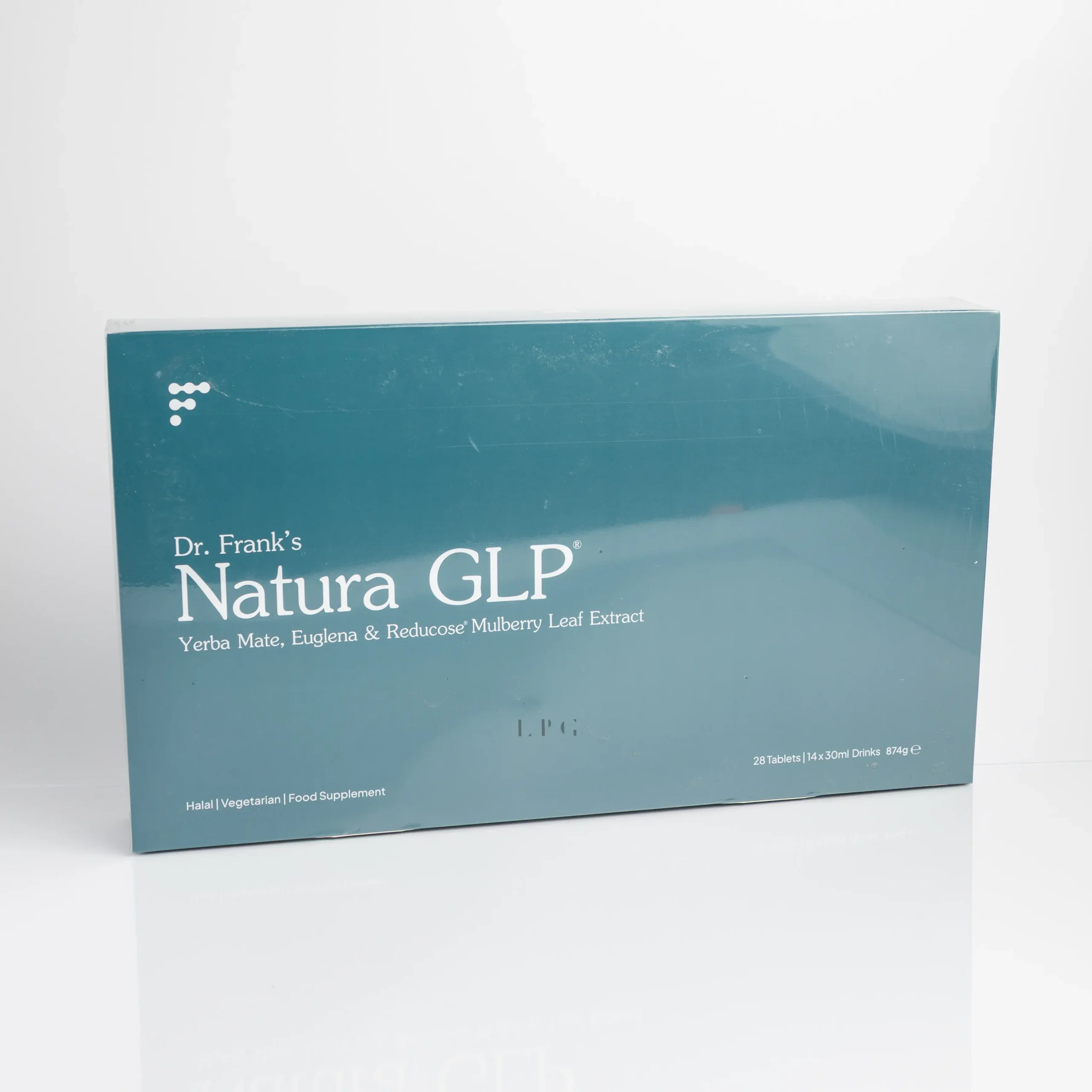 Box of Dr. Frank's Natura GLP containing 28 tablets with supplement information and ingredients listed on the front.