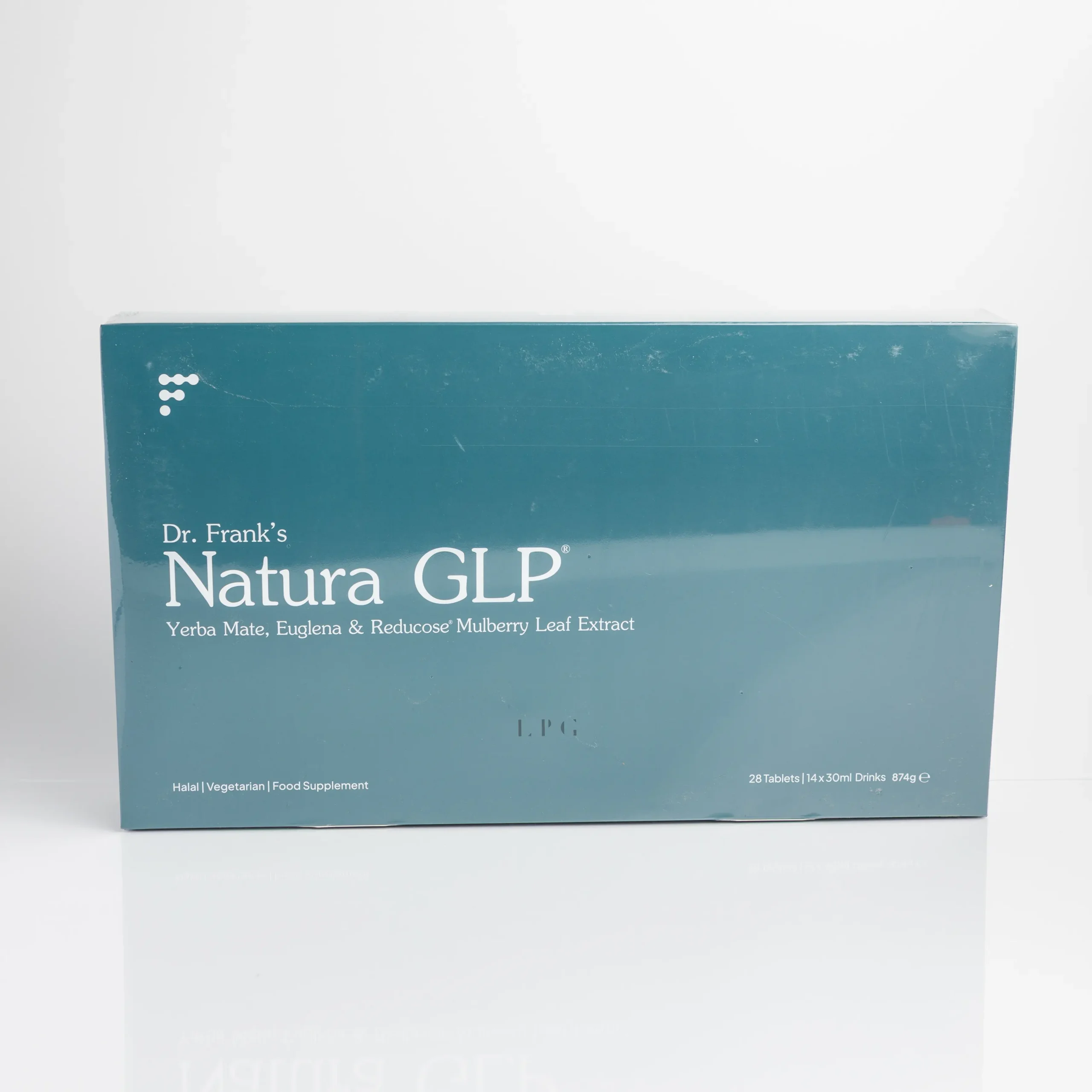 Box of Dr. Frank's Natura GLP containing 28 tablets with supplement information and ingredients listed on the front.