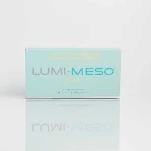 LUMI-MESO Bright product box displaying active ingredients and quantity details on a reflective surface.