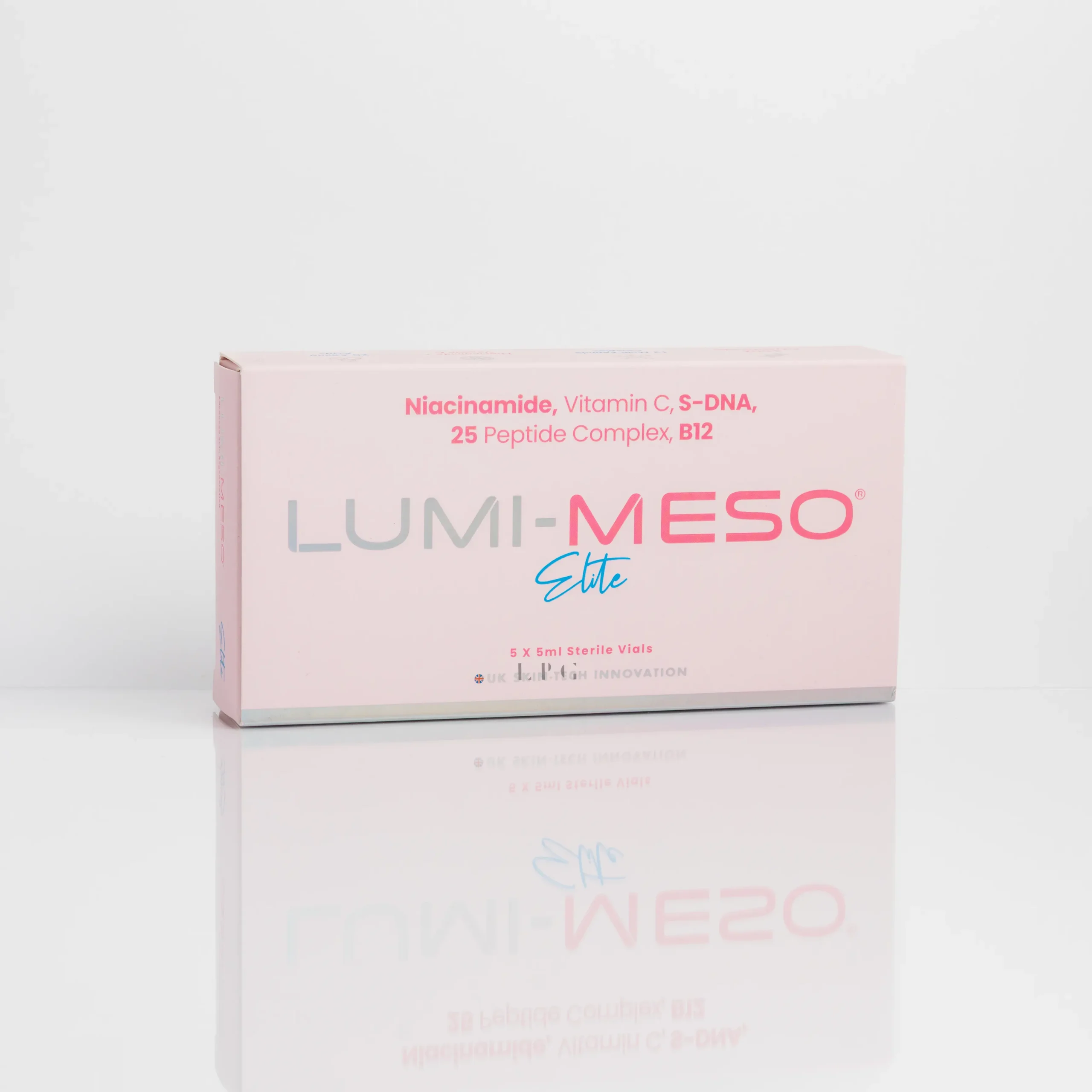 LUMI-MESO Elite box featuring product name and ingredients: Niacinamide, Vitamin C, S-DNA, 25 Peptide Complex, B12.