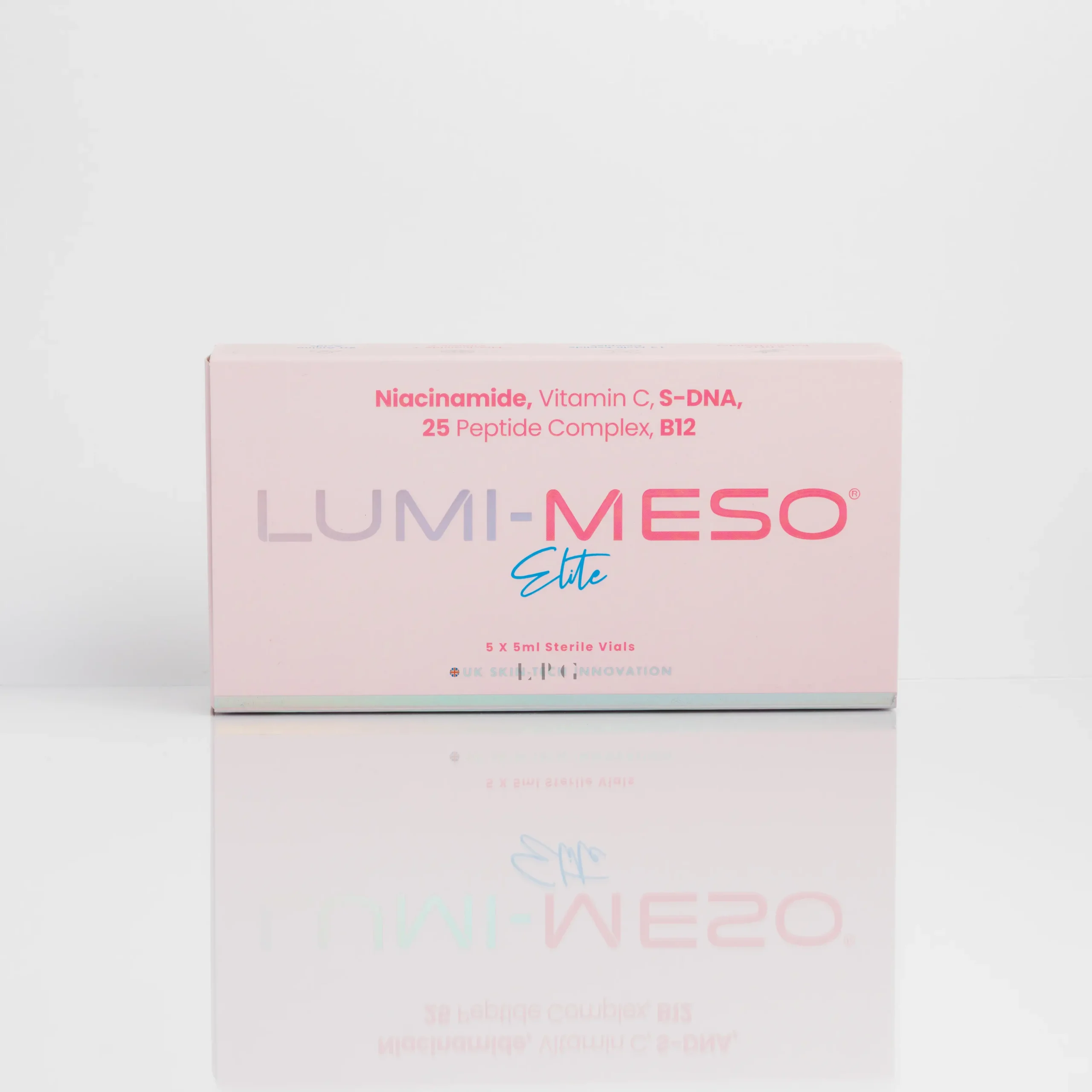 LUMI-MESO Elite box featuring product name and ingredients: Niacinamide, Vitamin C, S-DNA, 25 Peptide Complex, B12.