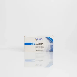 Collagen medical device box labeled "MD-MATRIX" with Spanish text, reflecting against a white surface.