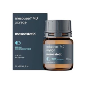 Dark grey box and amber 50ml bottle of mesoestetic mesopeel MD phenTCA professional chemical peel, with 35% TCA & 10% Phenol – targets deep wrinkles, laxity & photo-aging; redensifies, restructures & smooths skin for intensive anti-aging in clinic treatments.