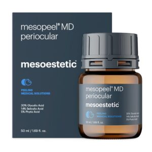 Dark grey box and amber 50ml bottle of mesoestetic mesopeel MD periocular professional chemical peel – targets periocular area with acids to reduce wrinkles, fine lines, crow’s feet, under-eye circles & pigmentation for smoother, brighter eye contour in clinic treatments.