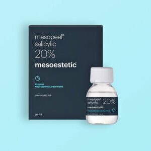 Dark grey box and amber 50ml bottle of mesoestetic mesopeel MD blemiskin professional chemical peel, featuring 30% salicylic acid – deeply exfoliates, controls sebum & targets acne/blemishes for clearer, mattified skin in clinic treatments.