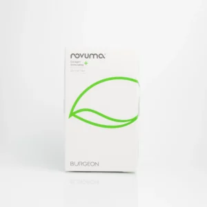 White product box labeled "NOVUMA Collagen Stimulating Dermal Filler" with green leaf design and "BURGEON" text at the bottom.