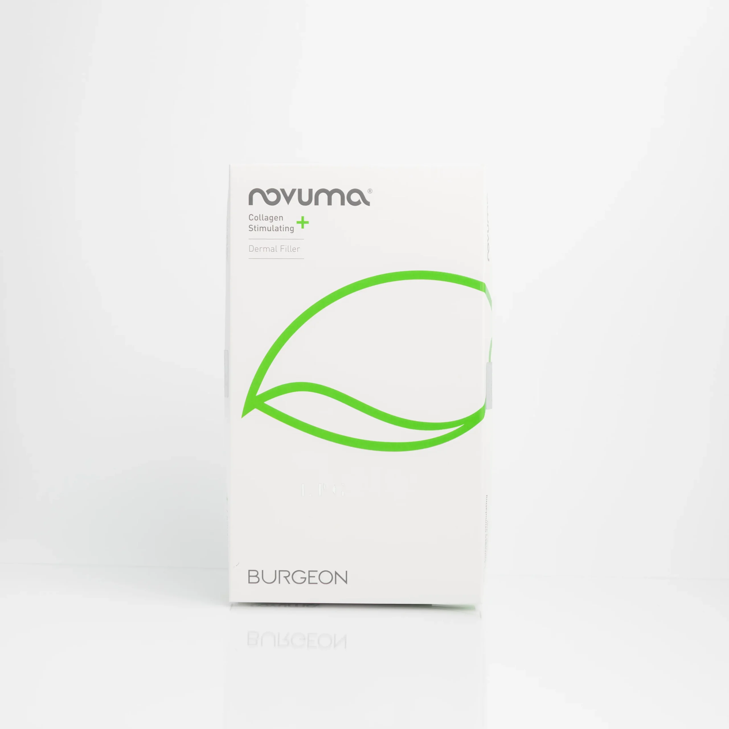 White product box labeled "NOVUMA Collagen Stimulating Dermal Filler" with green leaf design and "BURGEON" text at the bottom.