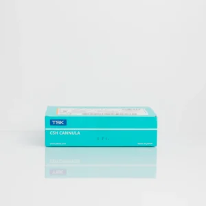 TSK CSH cannula packaging with turquoise background and white text, displaying brand and product information.