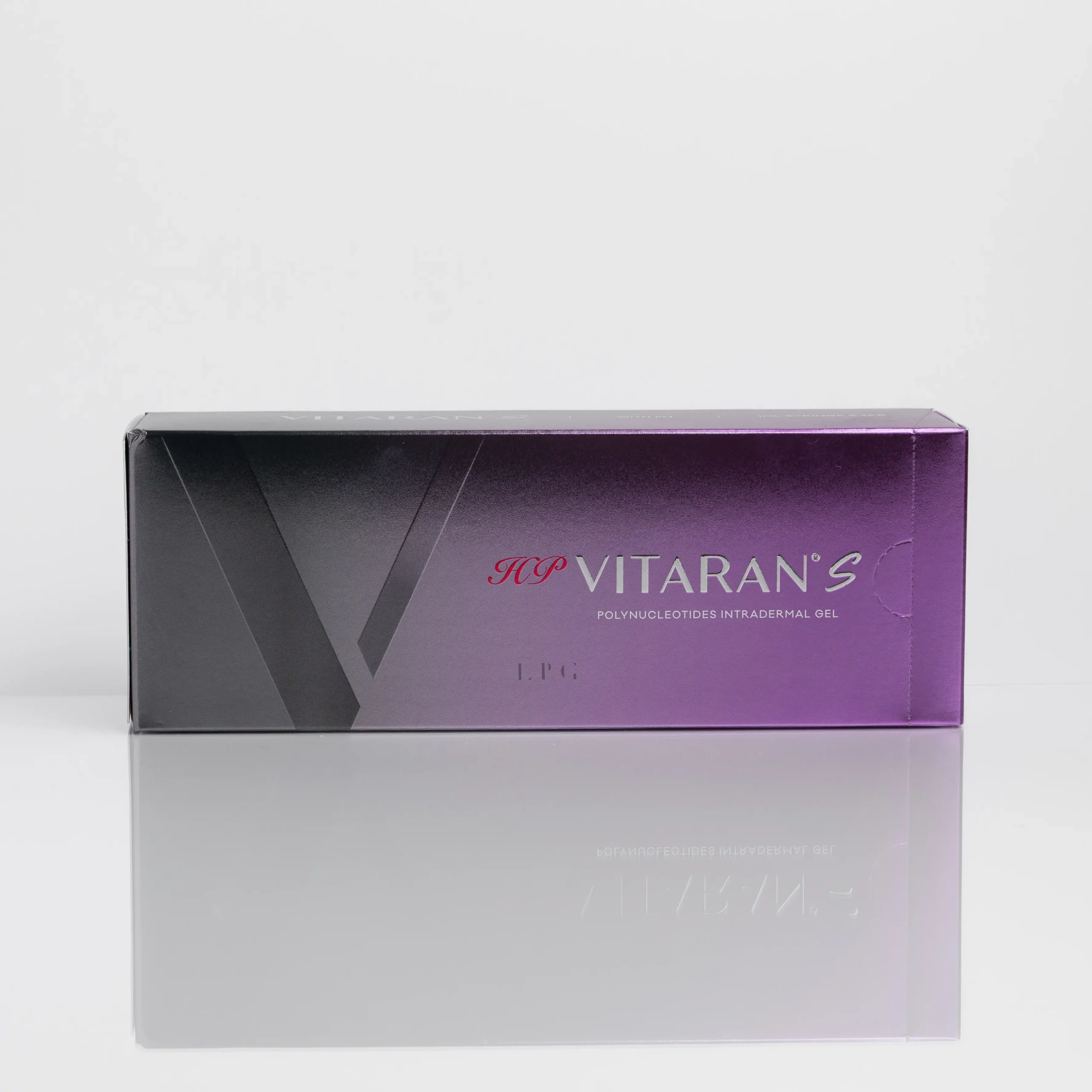 Purple packaging for HP VITARAN S, labeled as polynucleotides intradermal gel, on a reflective surface.