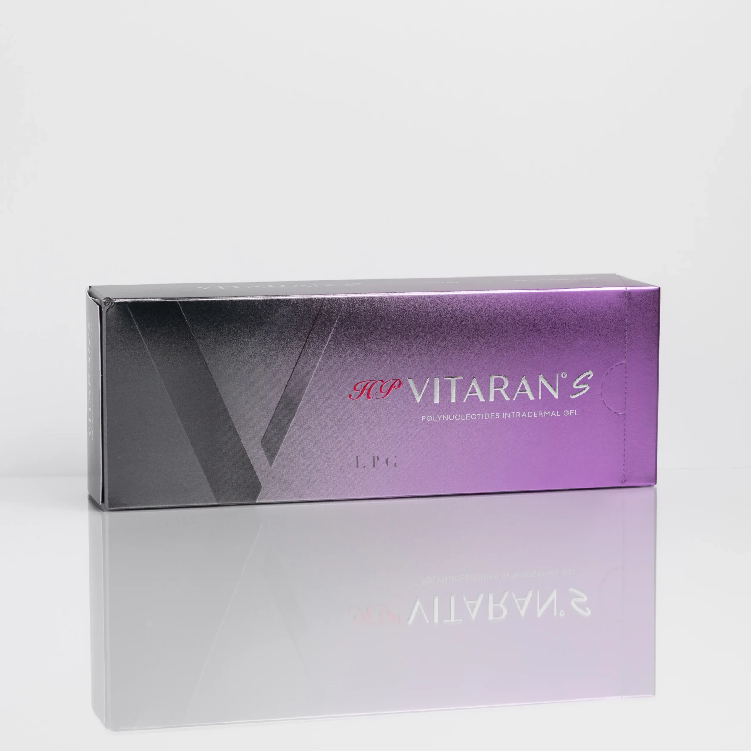 Purple packaging for HP VITARAN S, labeled as polynucleotides intradermal gel, on a reflective surface.