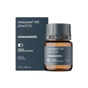 Dark grey box and amber 50ml bottle of mesoestetic mesopeel MD phenTCA professional chemical peel, with 35% TCA & 10% Phenol – targets deep wrinkles, laxity & photo-aging; redensifies, restructures & smooths skin for intensive anti-aging in clinic treatments.