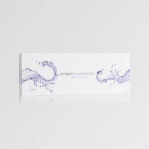 Ameela Exosomes white box with blue splash design – 1x3ml bio-regenerative skin revitalisation for deep renewal and hydration in aesthetic clinics