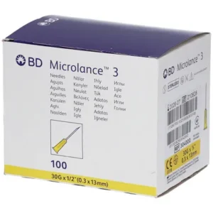 BD Microlance 3 30G x 13mm needle box 100 count – navy blue packaging, sterile hypodermic needles with yellow hub for clinical and aesthetic injections