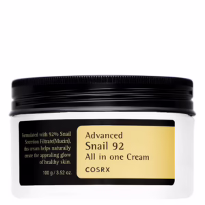 COSRX Advanced Snail 92 All in One Cream 100g jar – white with black/gold label, 92% snail mucin for skin regeneration, hydration & elasticity in clinics