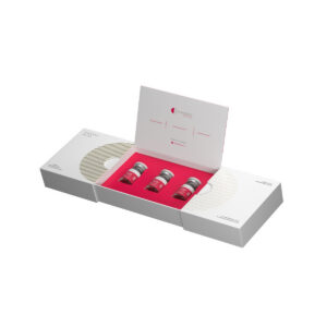 Purasomes HSC50+ Hair & Scalp Complex box open with red tray and 3 vials – regenerative formula for scalp health, hair loss reduction and thicker growth in aesthetic clinics