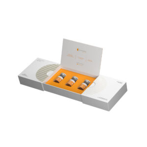 Purasomes NC150+ Nutri Complex box with 3 vials.White and orange packaging, regenerative exosome formula for skin repair and elasticity in aesthetic clinics