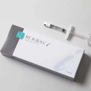 Grey and white box with teal logo of Rejuran i (Korean version) skin rejuvenator (1ml pre-filled syringe) – polynucleotides (PN) from salmon DNA for under-eye regeneration; improves thickness, elasticity, hydration; reduces fine lines, crepey texture & dark circles in delicate periocular area for professional clinic treatments.
