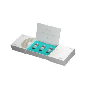 Purasomes SGC100+ Skin Glow Complex box open with teal tray and 3 vials – exosome formula for radiance, brightening and skin rejuvenation in aesthetic clinics