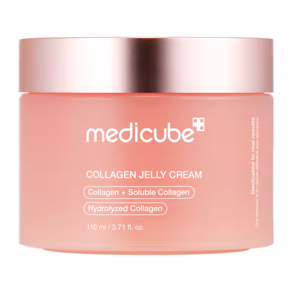 Medicube Collagen Jelly Cream 110ml jar – pink with rose-gold lid, 98% hydrolyzed collagen gel for anti-aging and skin elasticity in clinics
