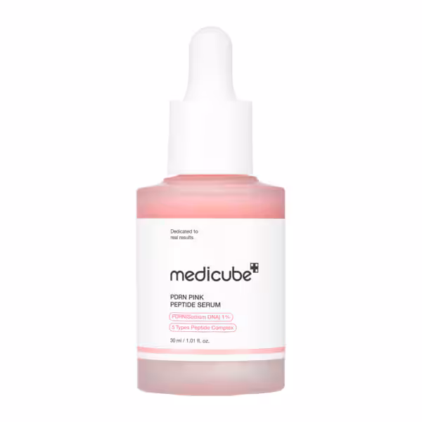 Medicube PDRN Pink Peptide Serum 30ml bottle – pink dropper serum with Salmon/Rose PDRN for skin tone perfection, collagen boost & barrier improvement in clinics