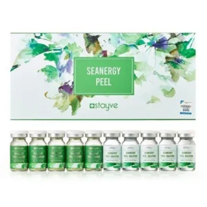 Stayve Seanergy Peel Ampoule Kit box with green Seanergy Peel branding, watercolor sea leaves design, and 10 professional vials of peel solution and powder for skin exfoliation and renewal