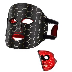 LED Red Light Therapy Mask black hexagonal with gold accents and red LEDs – 7-colour professional device for collagen stimulation, wrinkle reduction & skin rejuvenation in clinics