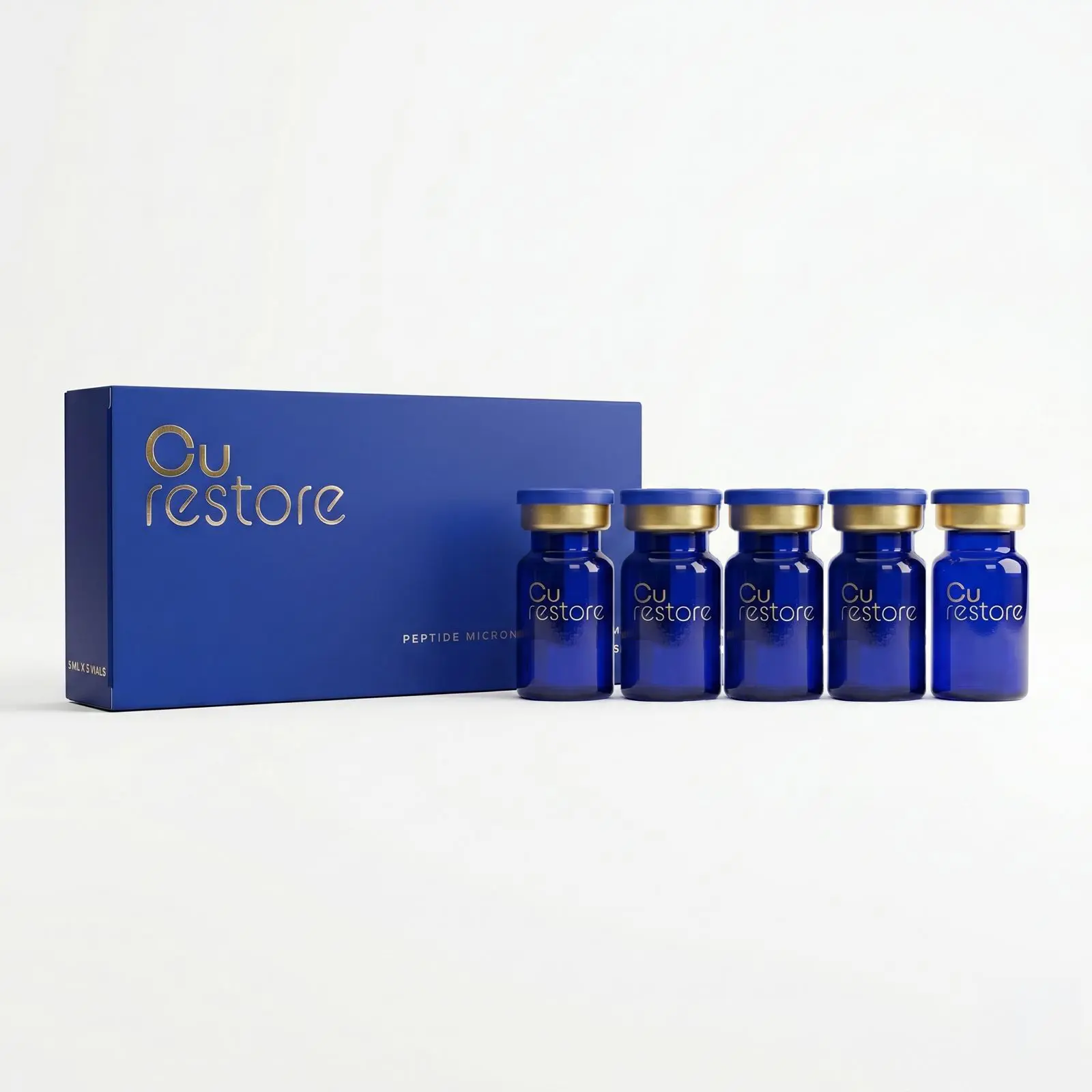 Packaging of CU Restore Peptide Serum (1 x 5ml vial) – advanced regenerative skin serum formulated with biomimetic peptides, designed for boosting collagen production, accelerating post-treatment tissue healing, and repairing the skin barrier with deeply soothing, anti-ageing results in professional clinic treatments.