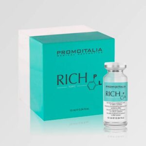 Rich PL 10ml product shot showing a turquoise Promoititalia box labeled RICH PL TOPIC next to a clear glass vial with silver cap and turquoise label, both displaying 10 ml volume