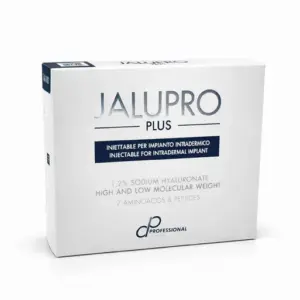 Jalupro Plus white product box with silver and dark blue text, clearly showing the brand name JALUPRO PLUS, 'Injectable for Intradermal Implant' label, 1.2% Sodium Hyaluronate, and 7 Aminoacids & Peptides details