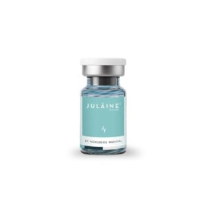 Light blue vial of Julaine of Sweden PLLA collagen biostimulator – next-generation poly-L-lactic acid injectable that activates the body’s own collagen production for facial volume restoration, wrinkle reduction, skin tightening & natural rejuvenation in professional clinic treatments.