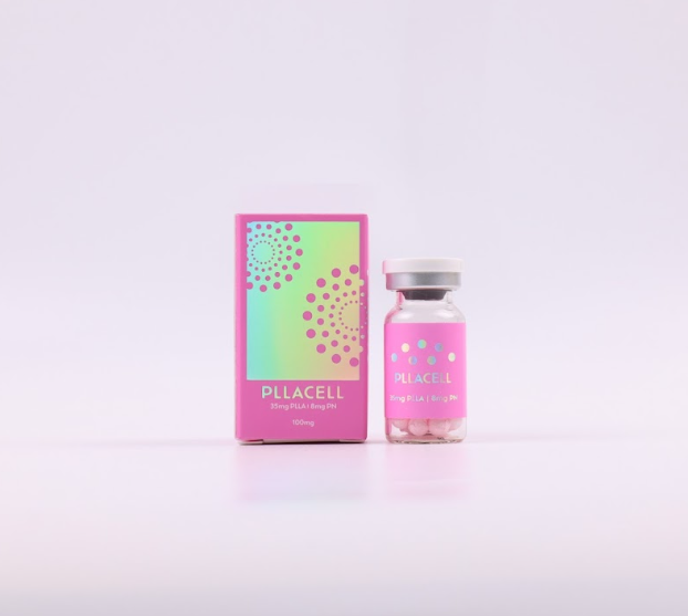 Pink box and vial of PLLA Cell – Poly-L-Lactic Acid (PLLA) collagen stimulator injectable for natural collagen production, facial volume restoration, skin tightening & long-term anti-aging results in professional clinic treatments.