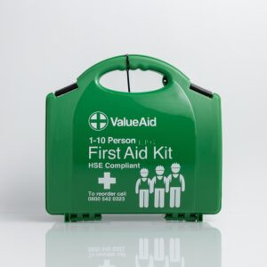 A green ValueAid 1-10 Person First Aid Kit, as shown in image_0d109f.png, featuring an HSE compliant design in a durable hard case, essential for maintaining workplace safety, emergency preparedness, and regulatory compliance in professional aesthetic clinics.