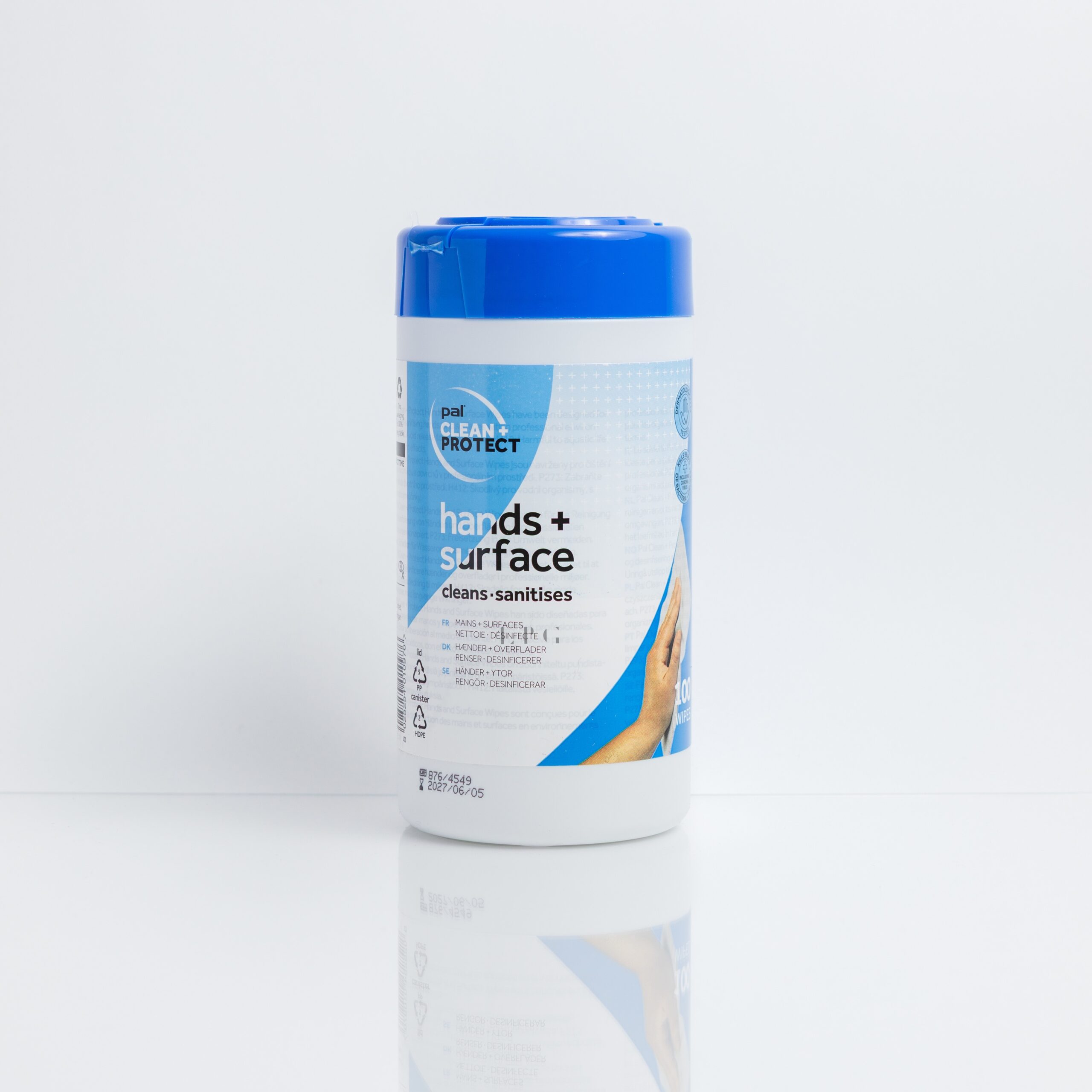Packaging of Pal Clean & Protect Hands & Surface Wipes – professional-grade sanitising wipes designed for the effective and convenient disinfection of both hands and clinical surfaces, ensuring optimal hygiene and infection control in professional aesthetic clinics.