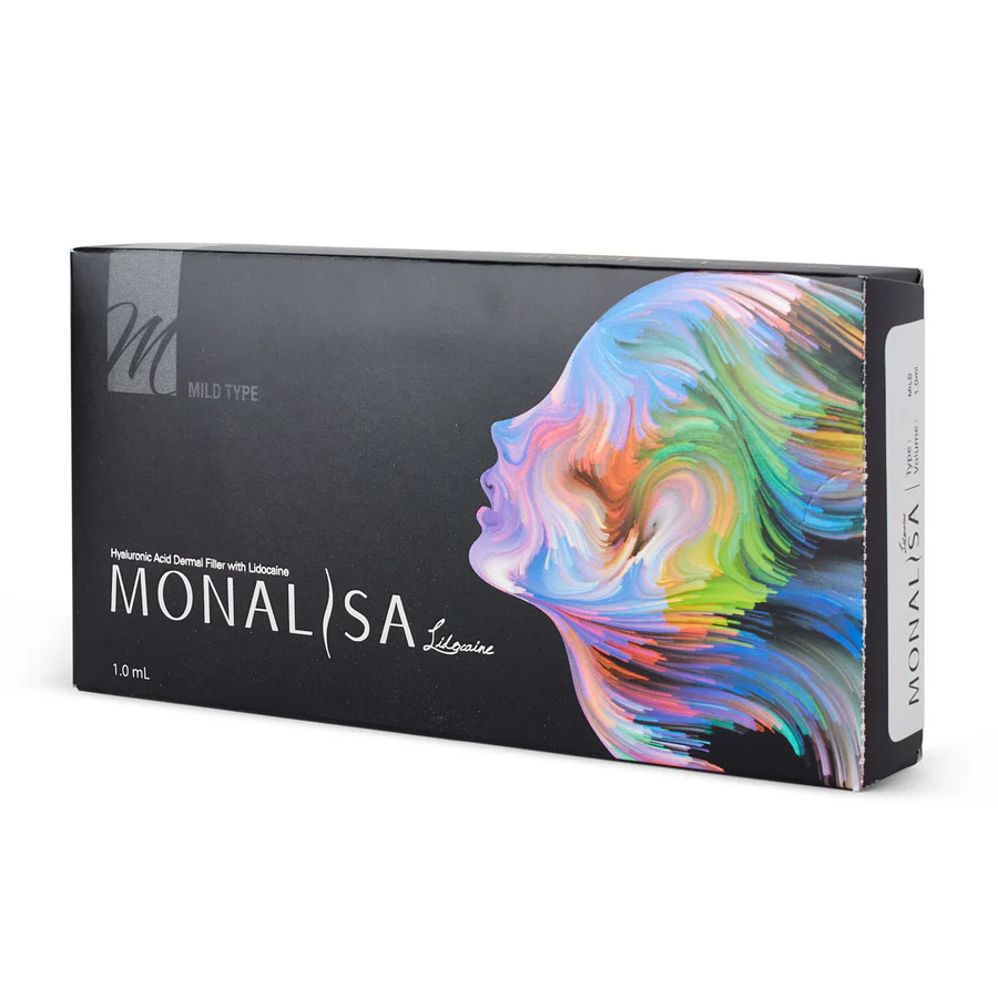 Black box of MONALISA Mild hyaluronic acid dermal filler (1ml with lidocaine) – soft, low-viscosity HA filler ideal for fine lines, superficial wrinkles, lip hydration & delicate facial areas with smooth, natural integration in professional clinic treatments.