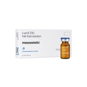 Packaging of Mesoestetic c.prof 230 Hair Loss Solution (5 x 5ml vials) – premium mesotherapy cocktail designed for stimulating hair follicles, increasing scalp microcirculation, and slowing hair thinning with strengthening, revitalising results in professional clinic treatments.