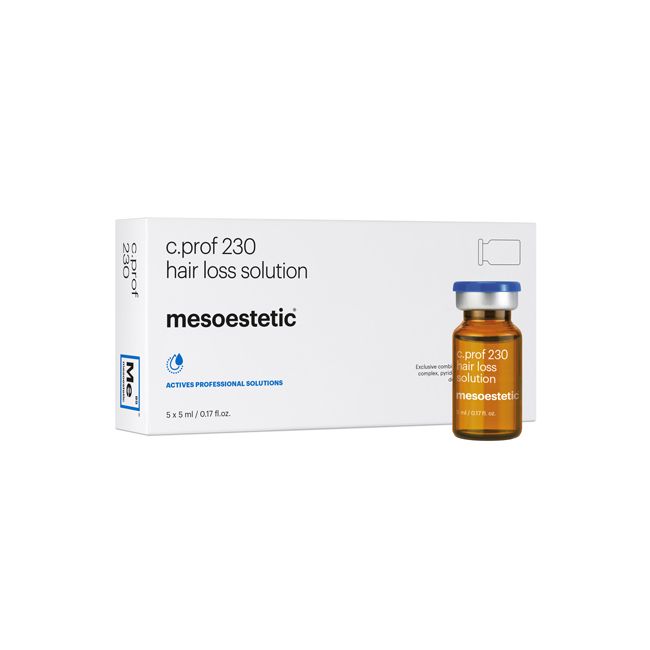 Packaging of Mesoestetic c.prof 230 Hair Loss Solution (5 x 5ml vials) – premium mesotherapy cocktail designed for stimulating hair follicles, increasing scalp microcirculation, and slowing hair thinning with strengthening, revitalising results in professional clinic treatments.
