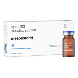 Packaging of Mesoestetic c.prof 213 Mesotox Solution (5 x 5ml vials) – advanced peptide-based mesotherapy cocktail designed for relaxing facial expression lines, reducing dynamic wrinkles, and smoothing the skin surface with botox-like, anti-ageing results in professional clinic treatments.