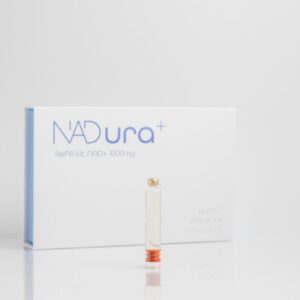 White and blue box with glass vial of NADura+ NAD+ Refill Kit 1000mg – replacement cartridge for the NADura injection pen to support cellular energy, anti-aging, vitality & overall wellness in at-home and professional use.