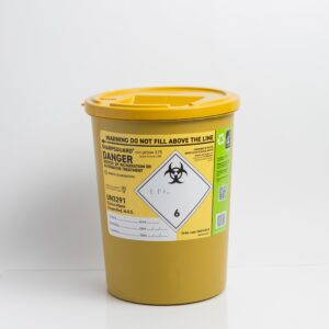 A Sharpsguard eco yellow 3.75L clinical sharps disposal bin, as shown in image_0d0d41.png, featuring a secure lid, biohazard safety labels, and designed for the compliant, sustainable disposal of contaminated needles and aesthetic consumables in professional clinics.