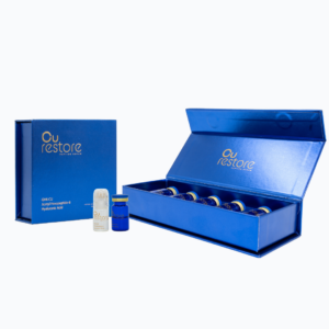 Image shows CU Restore discovery bundle which includes 1x Copper Peptide Serum (5 x 5ml), 1x Copper Peptide Micro-needling Infusion System (1 box kit)