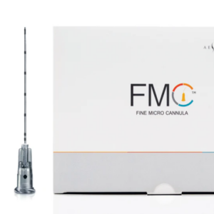 Packaging and single needle view of FMC Fine Micro Cannula (22G x 50mm), as .microcannula designed for safe, atraumatic dermal filler delivery, deep tissue volumizing, and minimizing patient bruising in professional aesthetic clinics.