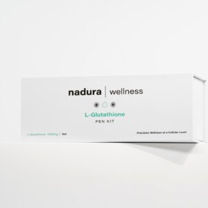 Packaging of Nadura Wellness L-Glutathione Pen Kit (1500mg / 3ml) – a premium delivery system designed for precision wellness at a cellular level, providing powerful antioxidant therapy, cellular detoxification, and skin brightening support in professional aesthetic and wellness clinics.