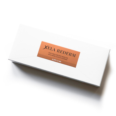 Packaging of Xela Rederm 2.2% (2ml) – a premium injectable implant based on hyaluronic acid designed for deep skin redermalization, correcting severe signs of aging, and intense tissue hydration in professional aesthetic clinics.