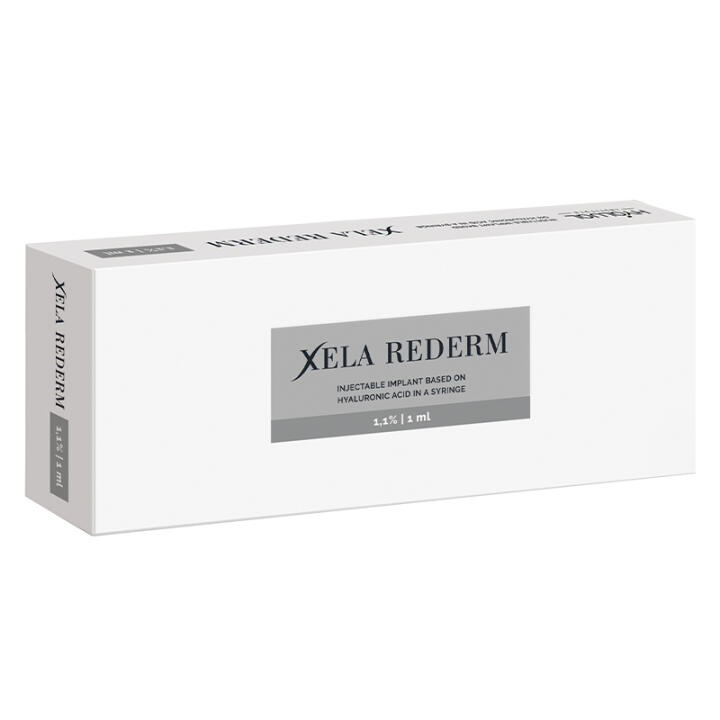 Packaging of Xela Rederm 1.1% (1ml) – a premium injectable implant based on hyaluronic acid designed for early skin redermalization, treating delicate areas like the periorbital zone, and providing intense hydration in professional aesthetic clinics.
