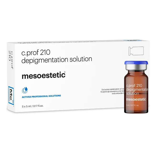 Packaging and vial of Mesoestetic c.prof 210 depigmentation solution (5 x 5ml) – a professional mesotherapy treatment containing tranexamic acid and antioxidants, designed to target hyperpigmentation, regulate melanin production, and unify skin tone in aesthetic clinics.