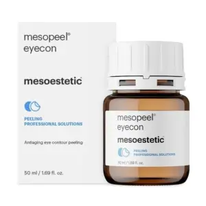 Packaging and bottle of Mesoestetic Mesopeel Eyecon (50ml) – a professional anti-aging eye contour peeling solution designed to treat fine lines, dark circles, and signs of fatigue in the delicate periorbital area at aesthetic clinics.